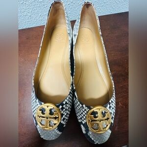 Used Tory Burch Snakeskin ballet flats with gold hardware